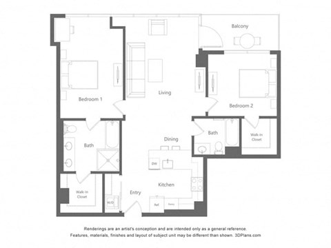 Floor plan for 2 beds, 2 baths, 1211 sqft